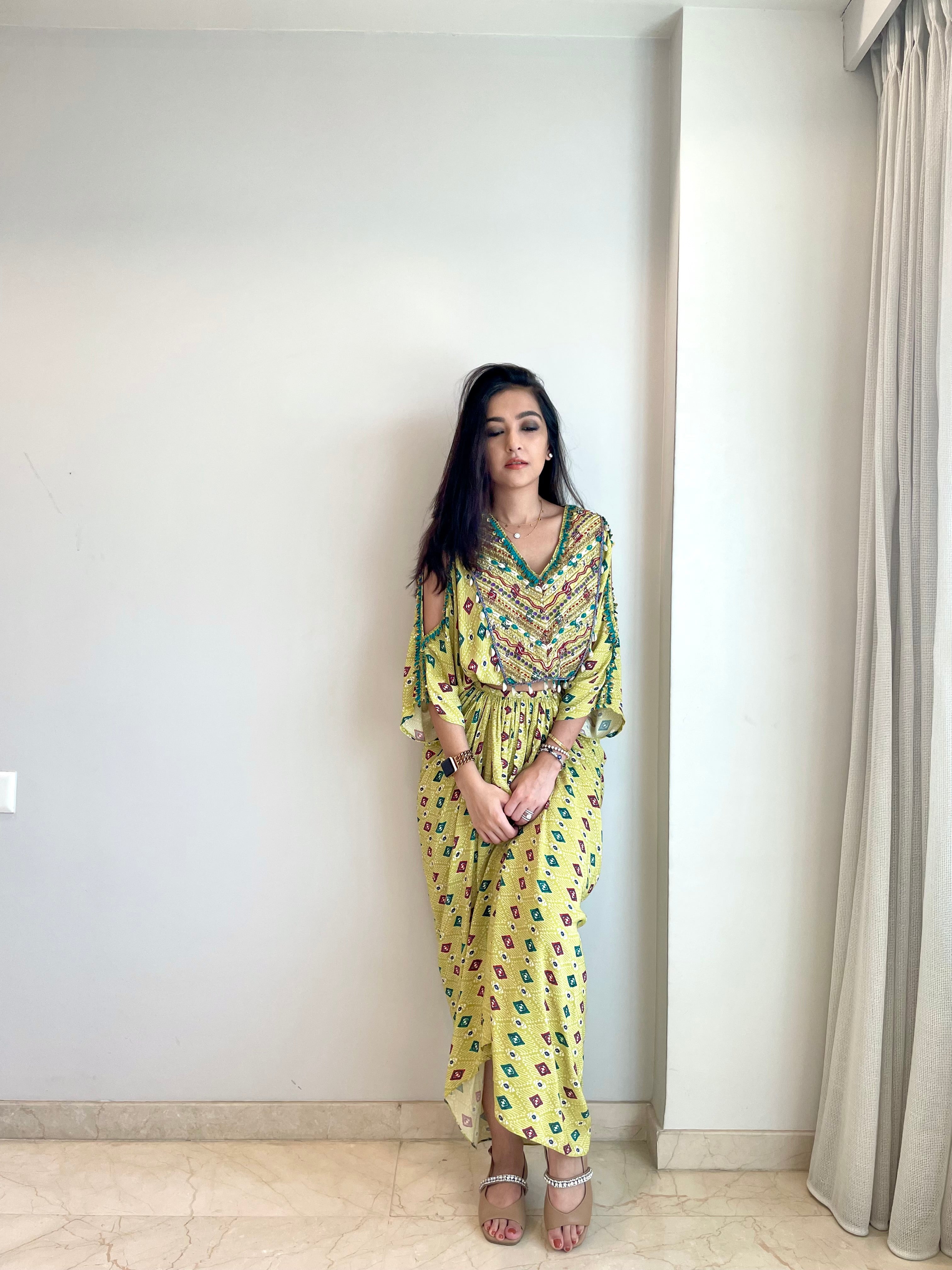 Shivani Outfit - Green cutout top & Draped Skirt