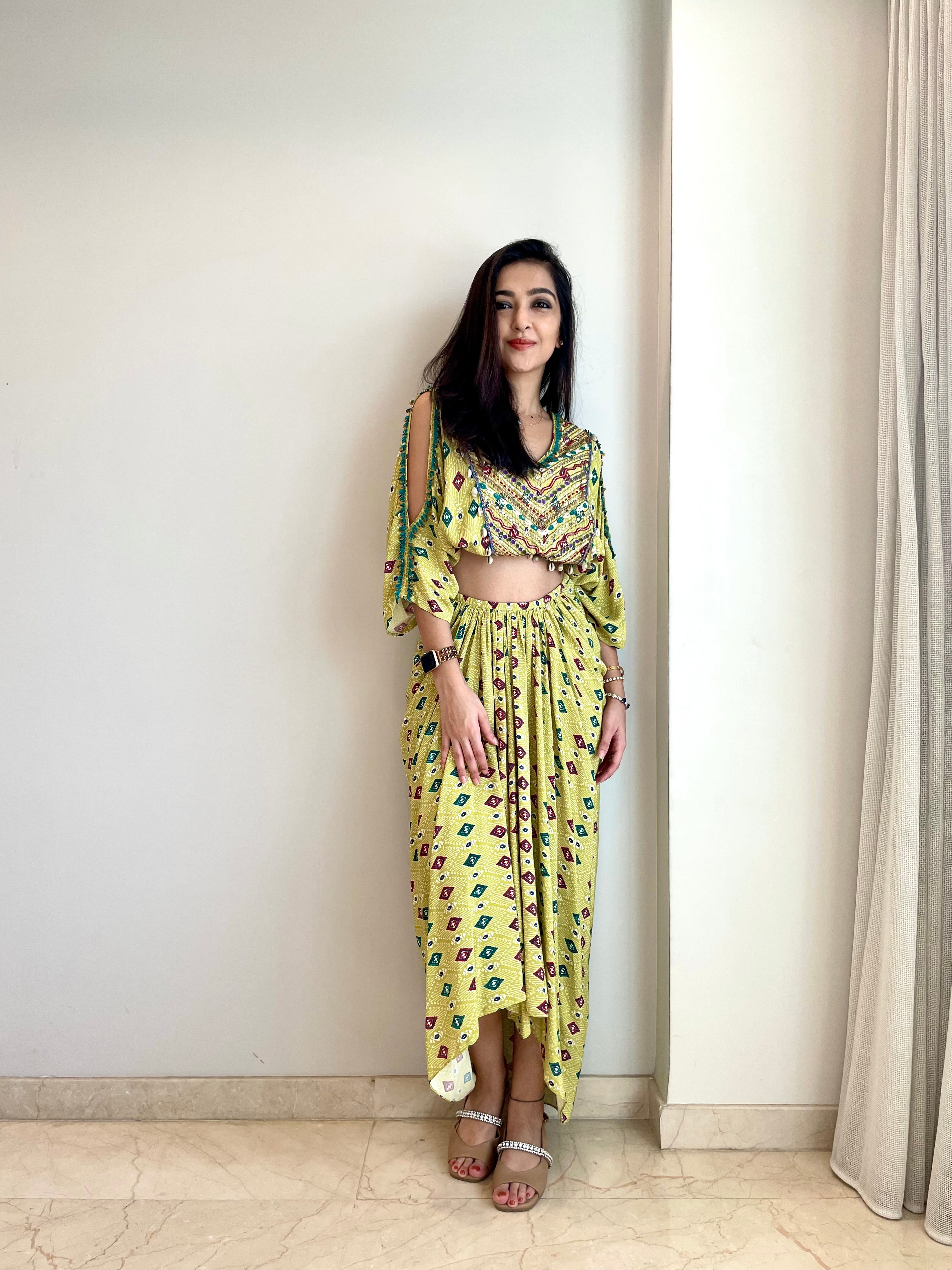 Shivani Outfit - Green cutout top & Draped Skirt