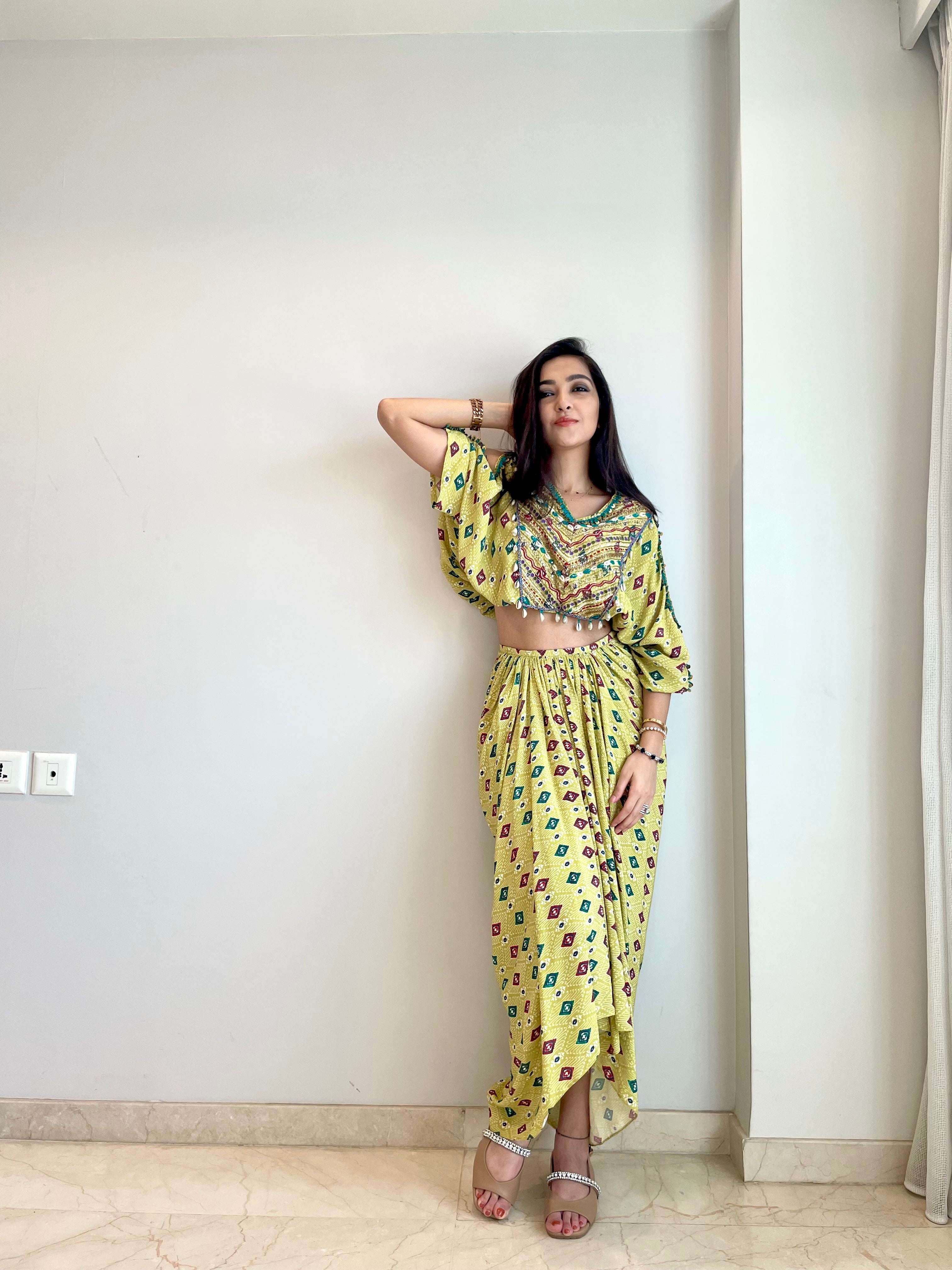 Shivani Outfit - Green cutout top & Draped Skirt