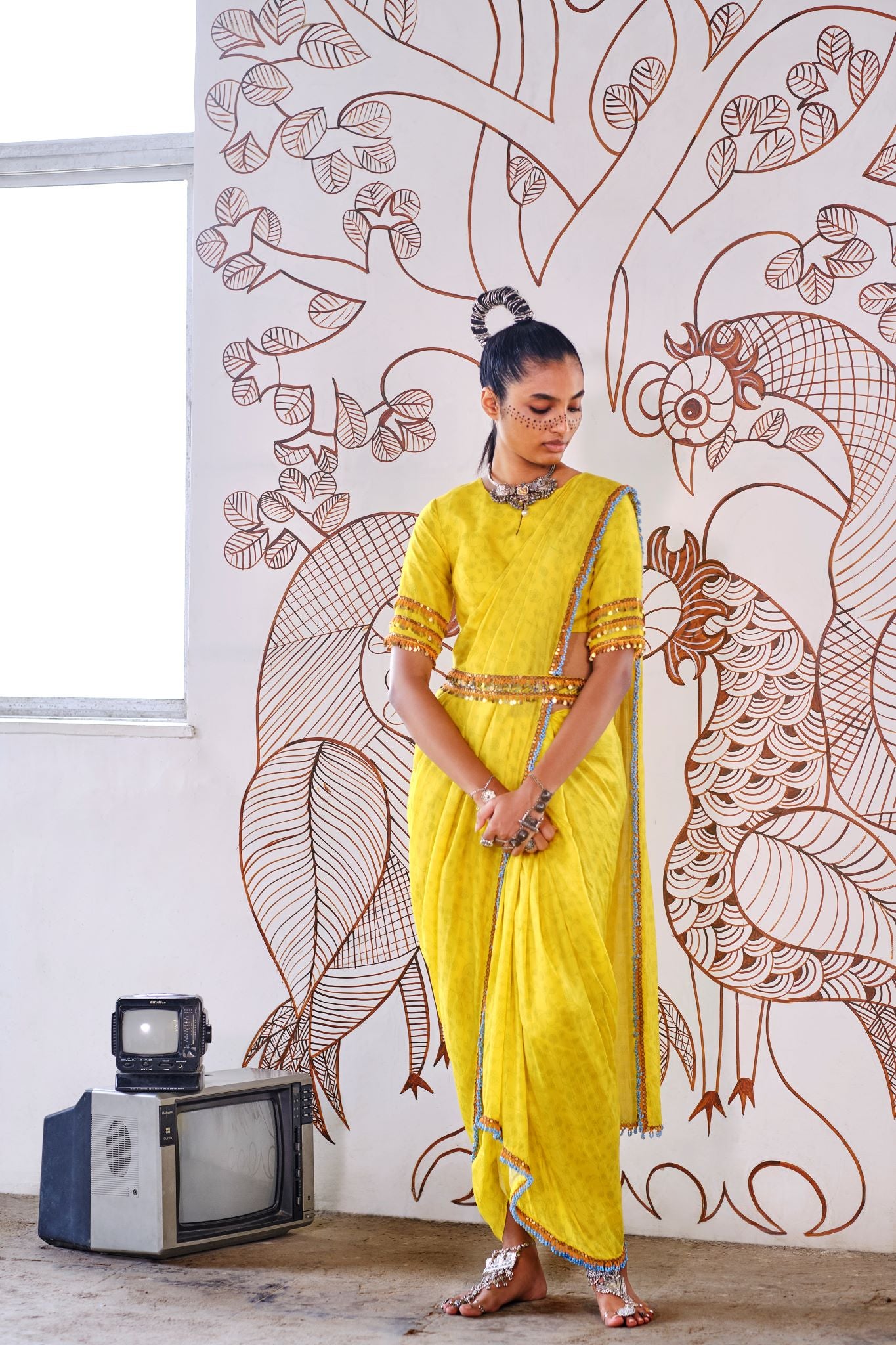 Pre pleated draped dhoti saree Yellow – Sonam Luthria