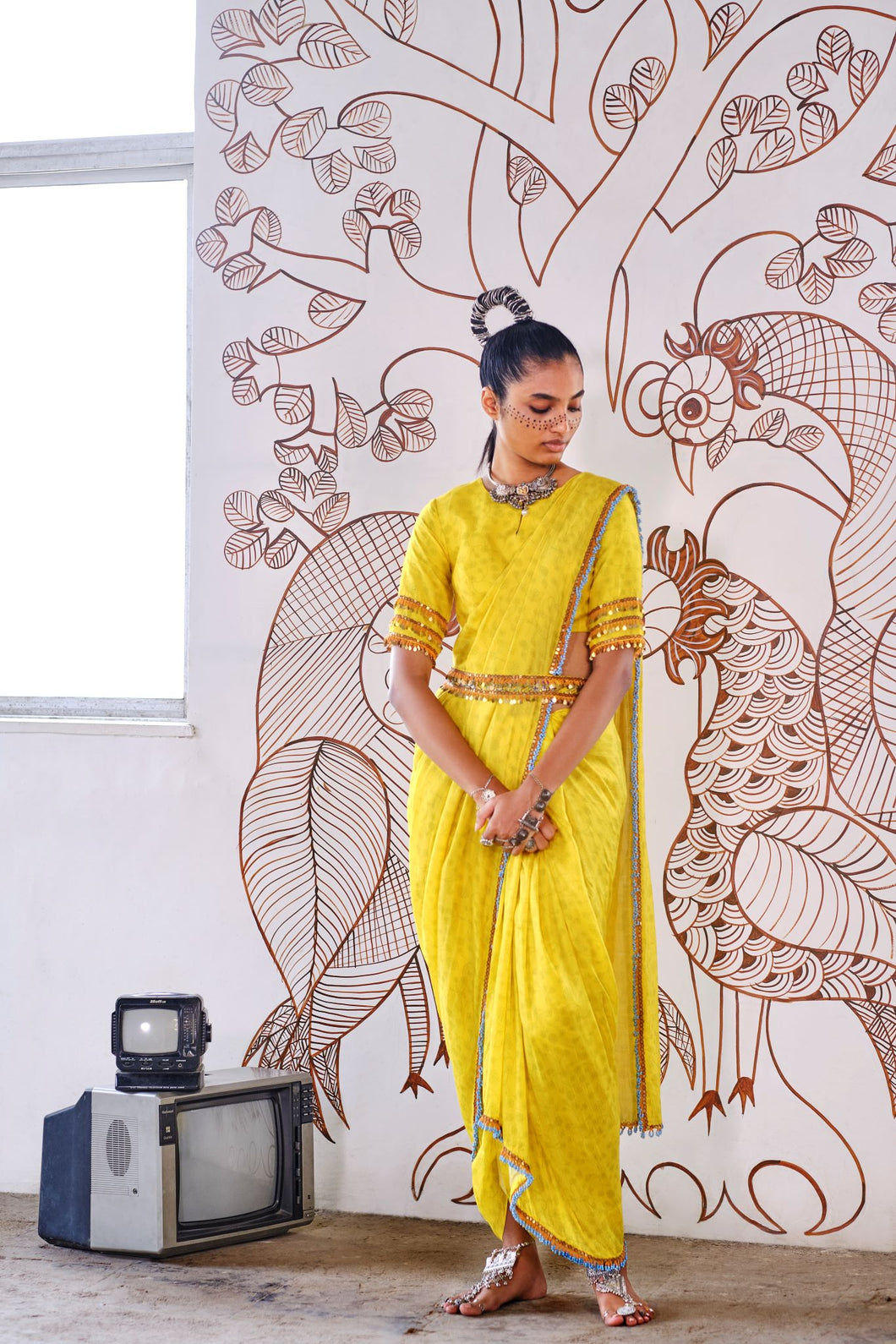 Pre pleated draped dhoti saree - Yellow