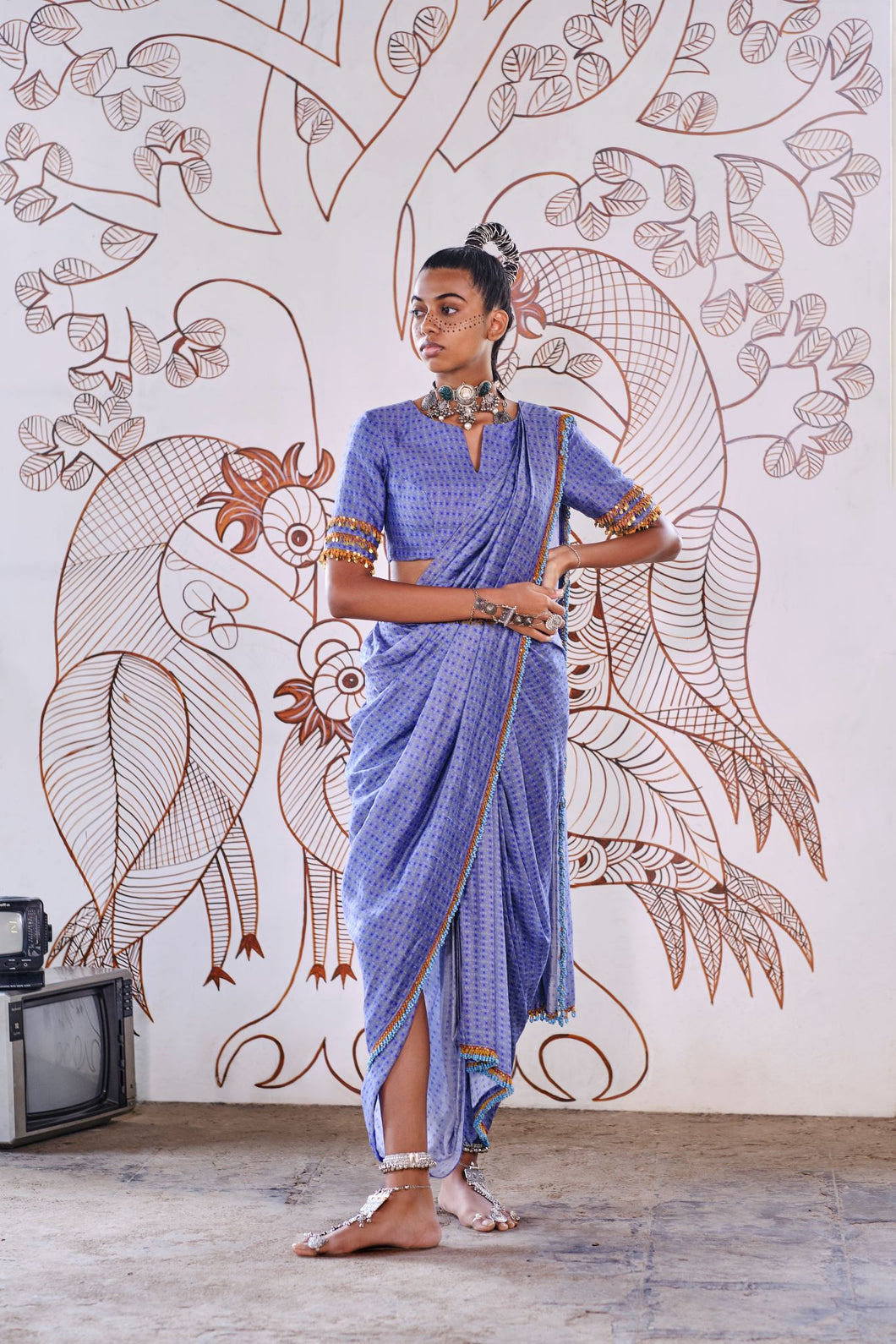 Pre pleated draped dhoti saree - Blue