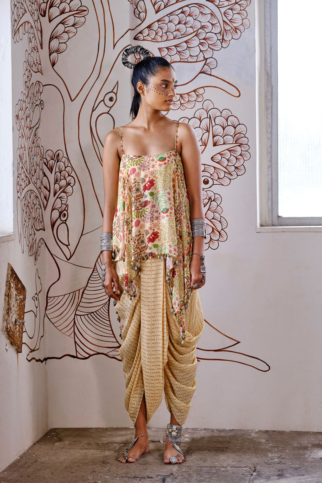 Asymmetrical top + Dhoti pants - Beige