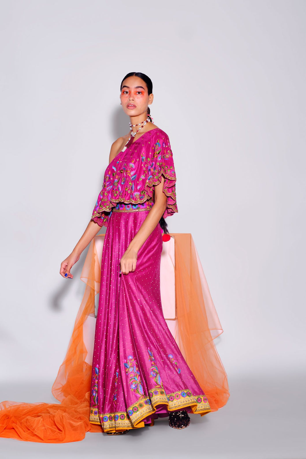 Pink One shoulder Top+ Lehenga