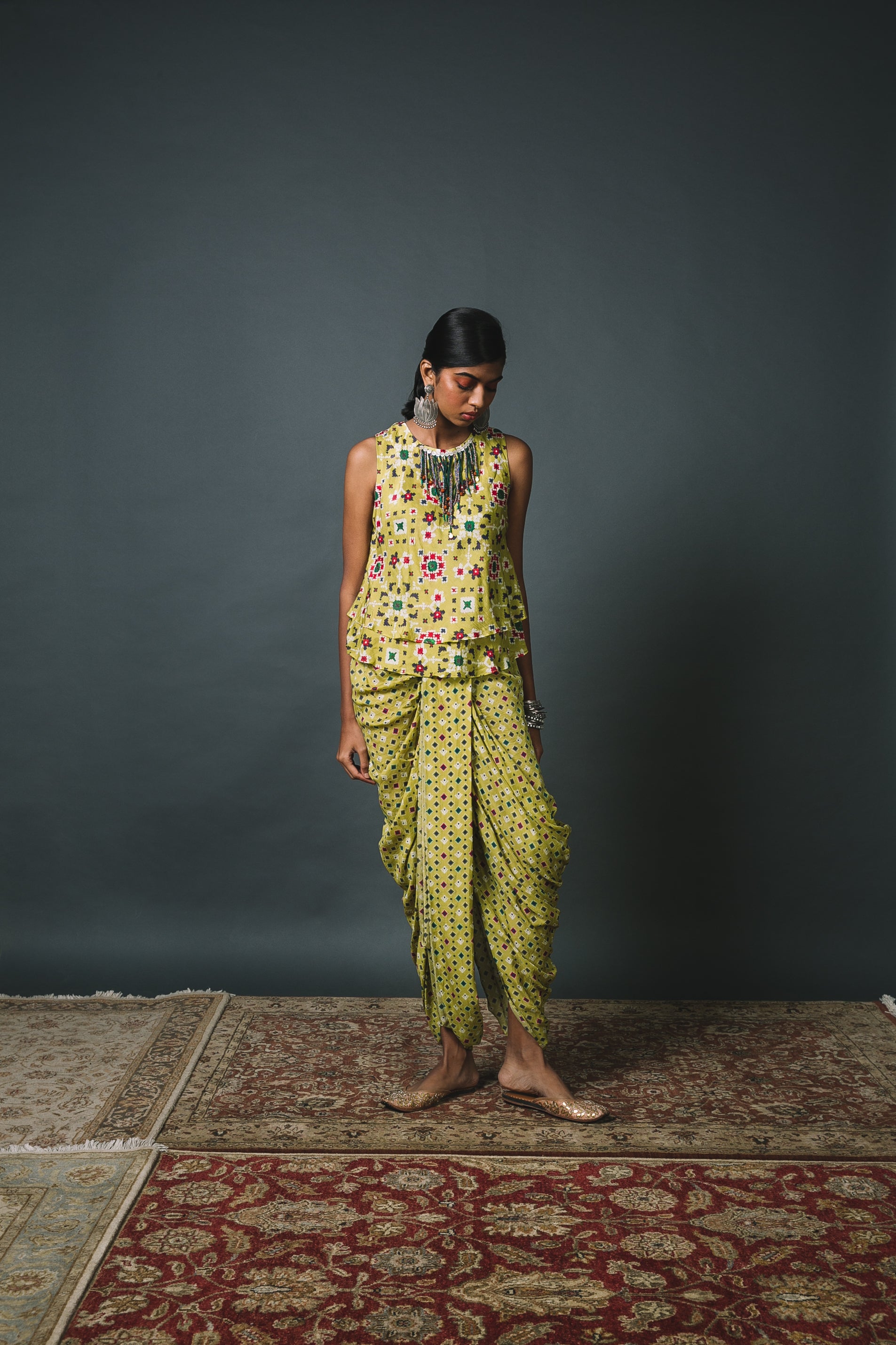 Green Patola bias top + Dhoti
