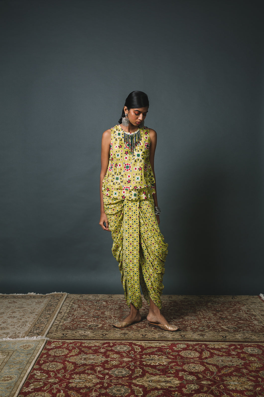Green Patola bias top + Dhoti