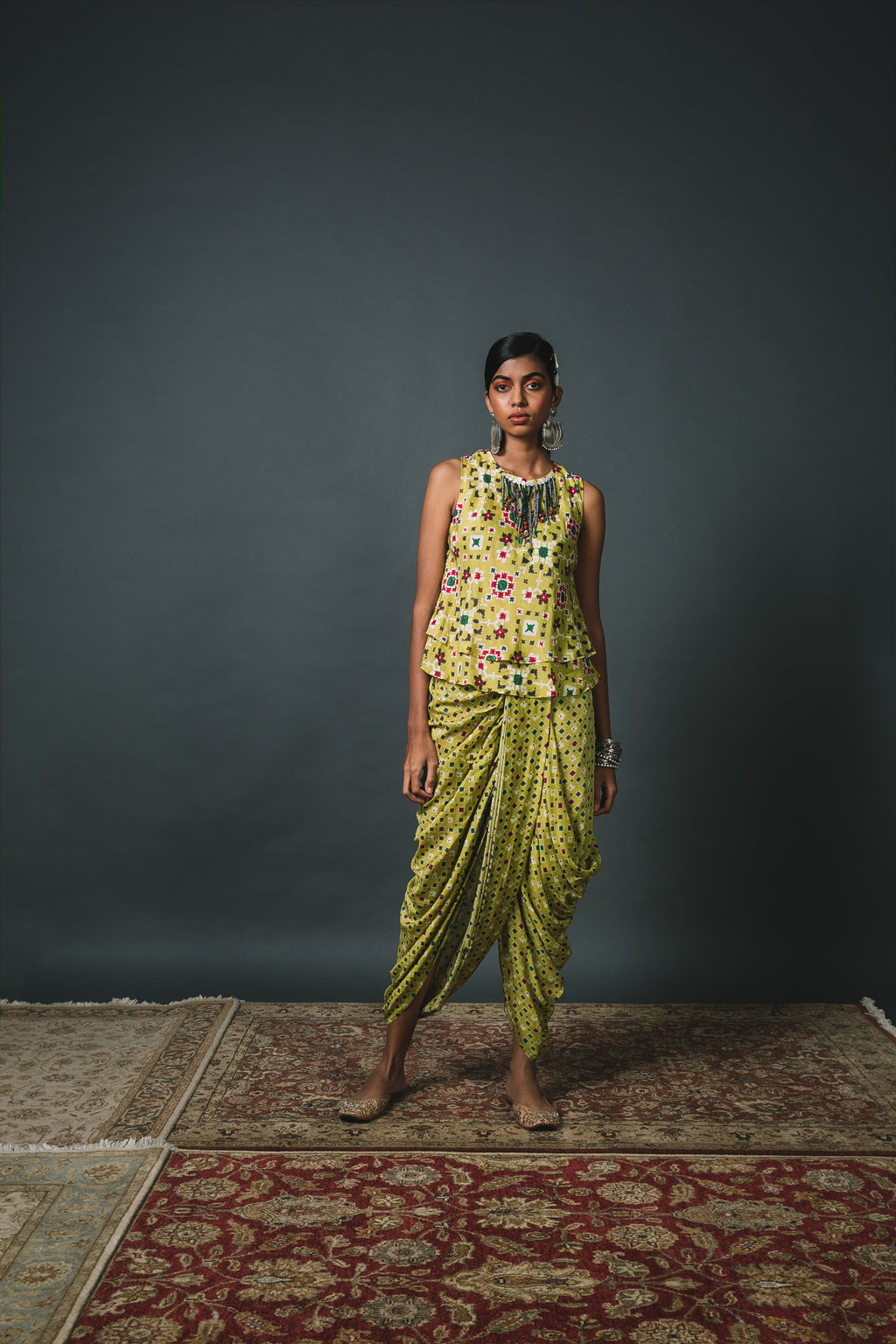 Green Patola bias top + Dhoti