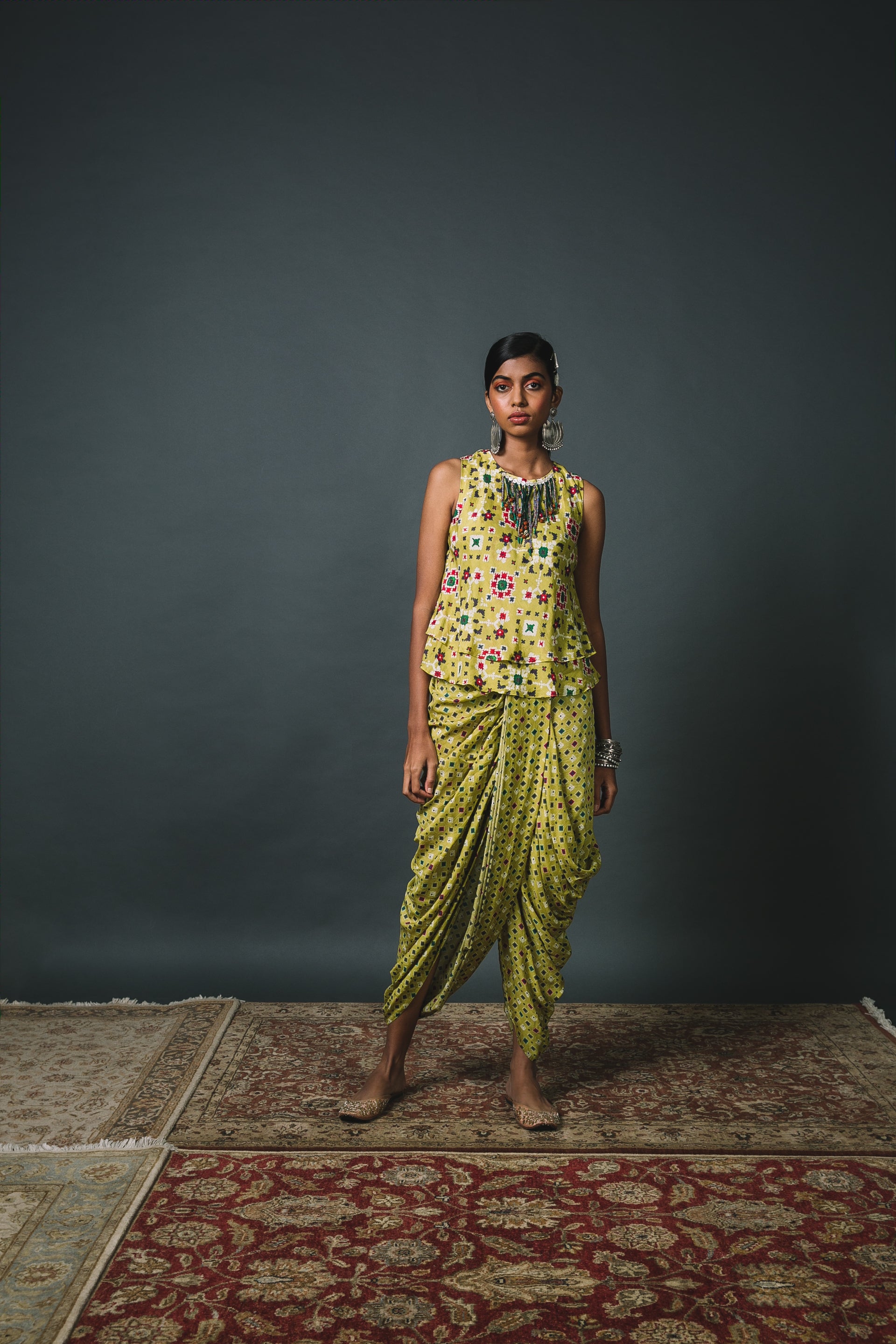 Green Patola bias top + Dhoti