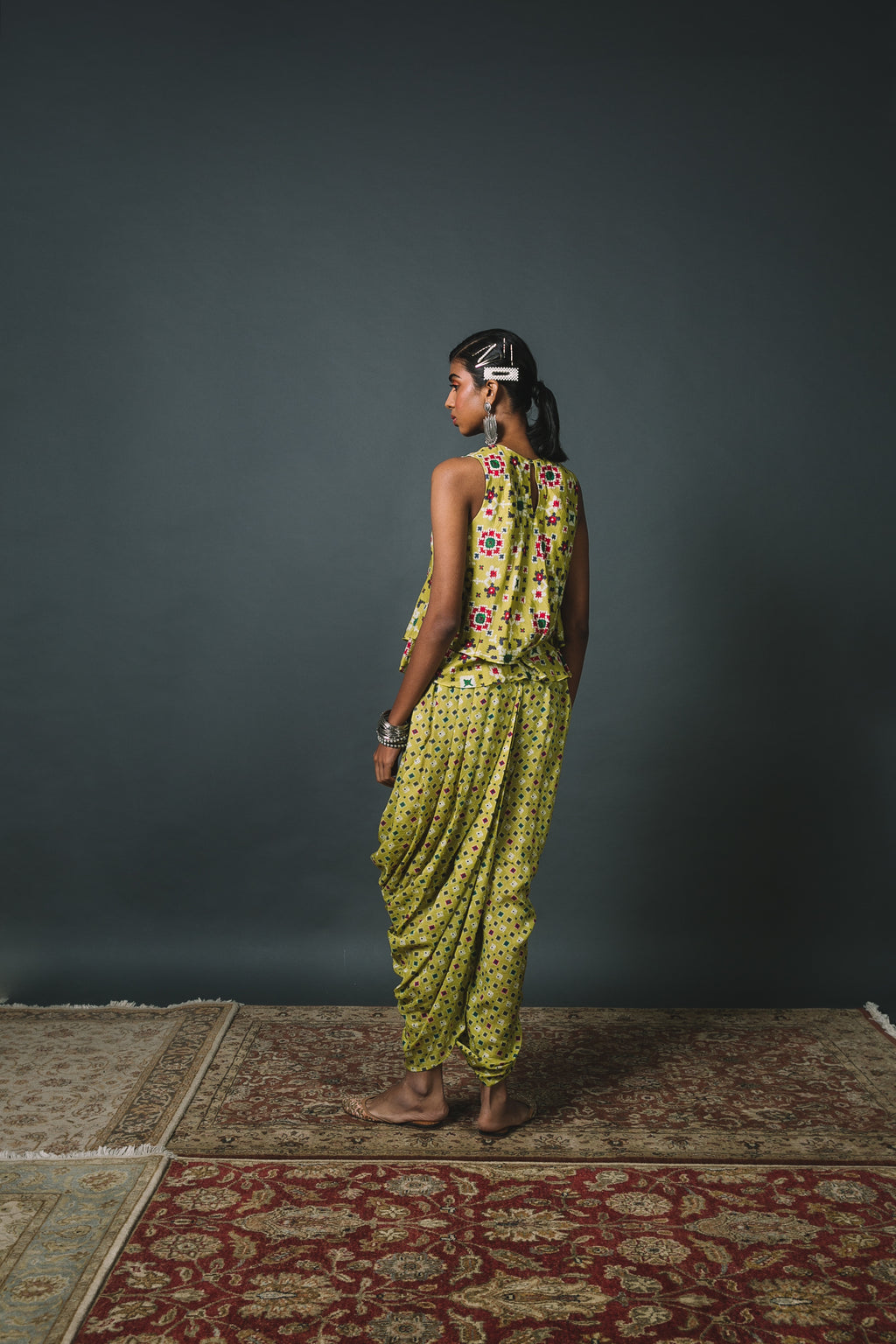 Green Patola bias top + Dhoti