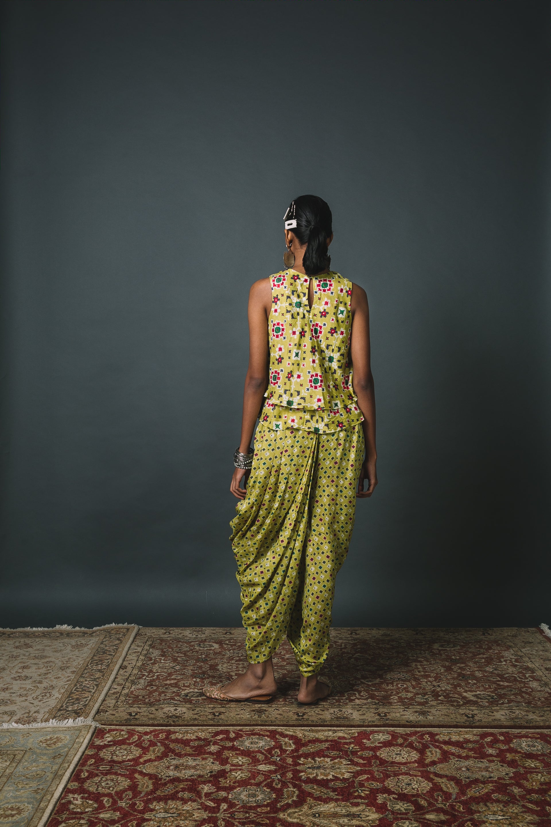 Green Patola bias top + Dhoti