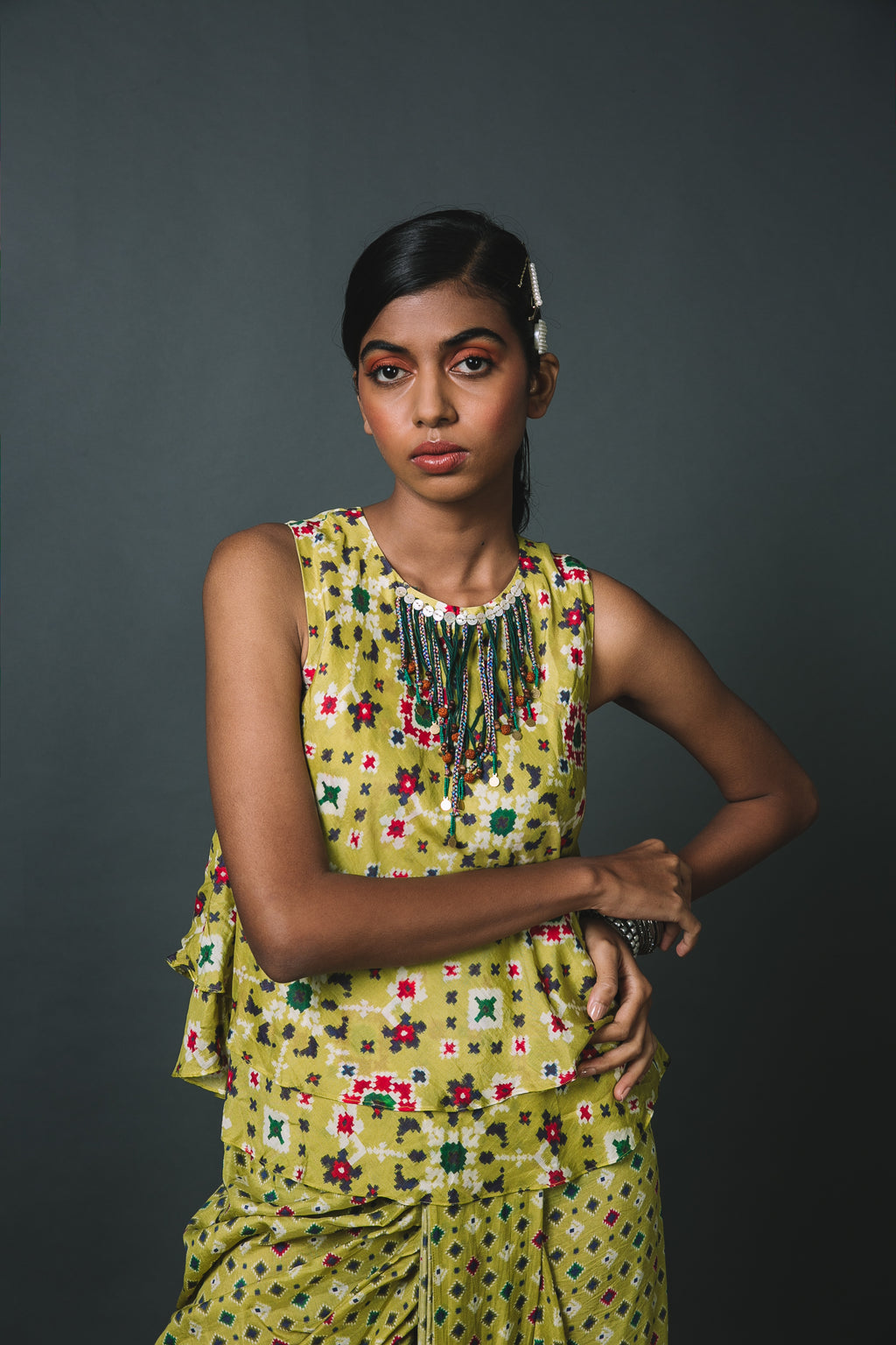 Green Patola bias top + Dhoti