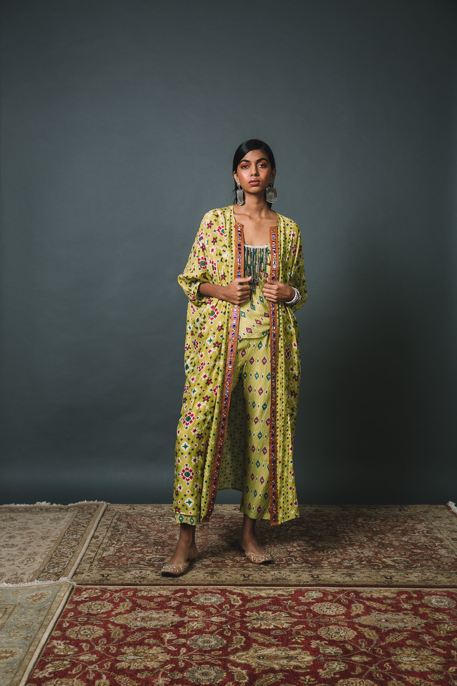 Green Open kaftan Kurta Cape set + Top + Pants