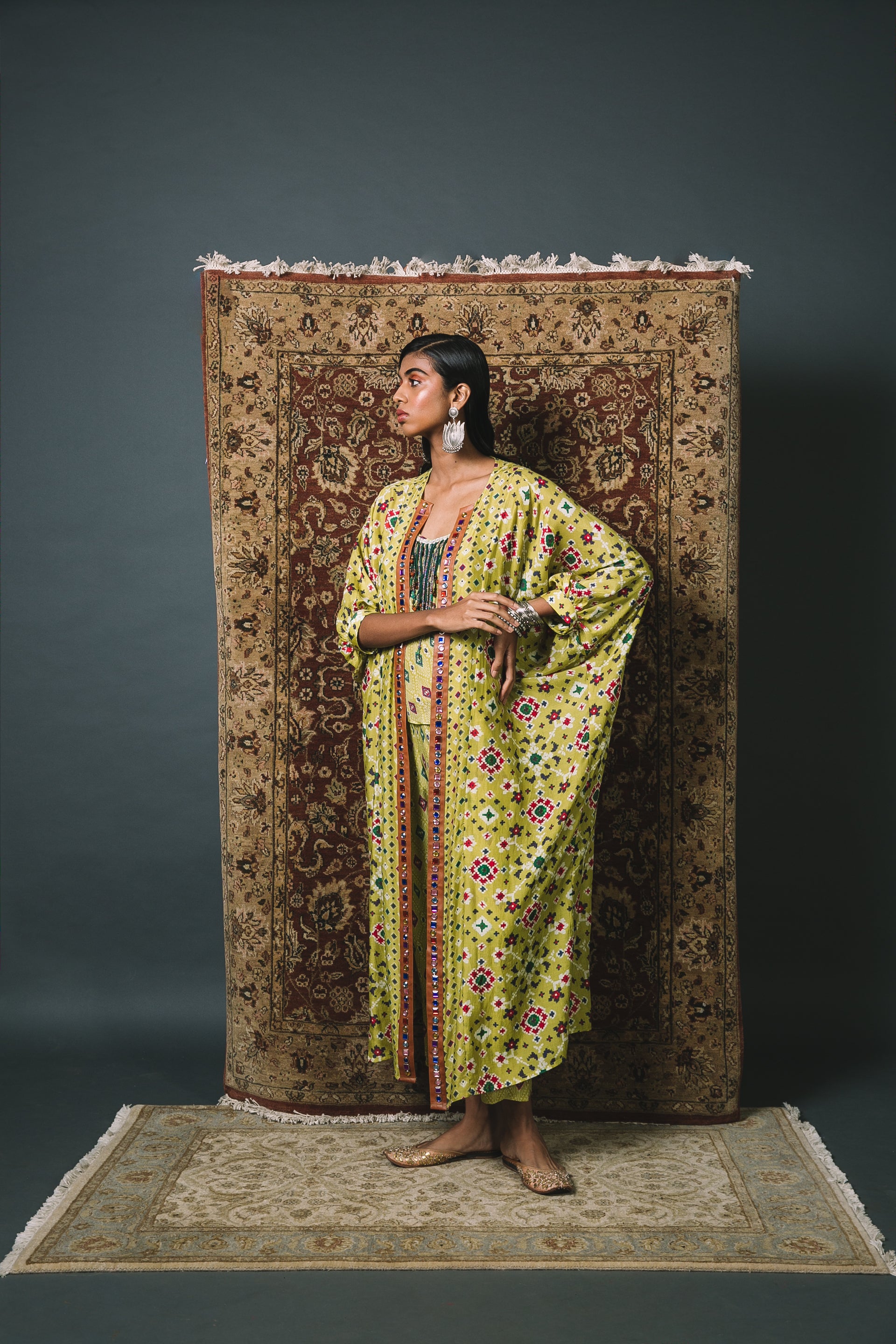 Green Open kaftan Kurta Cape set + Top + Pants