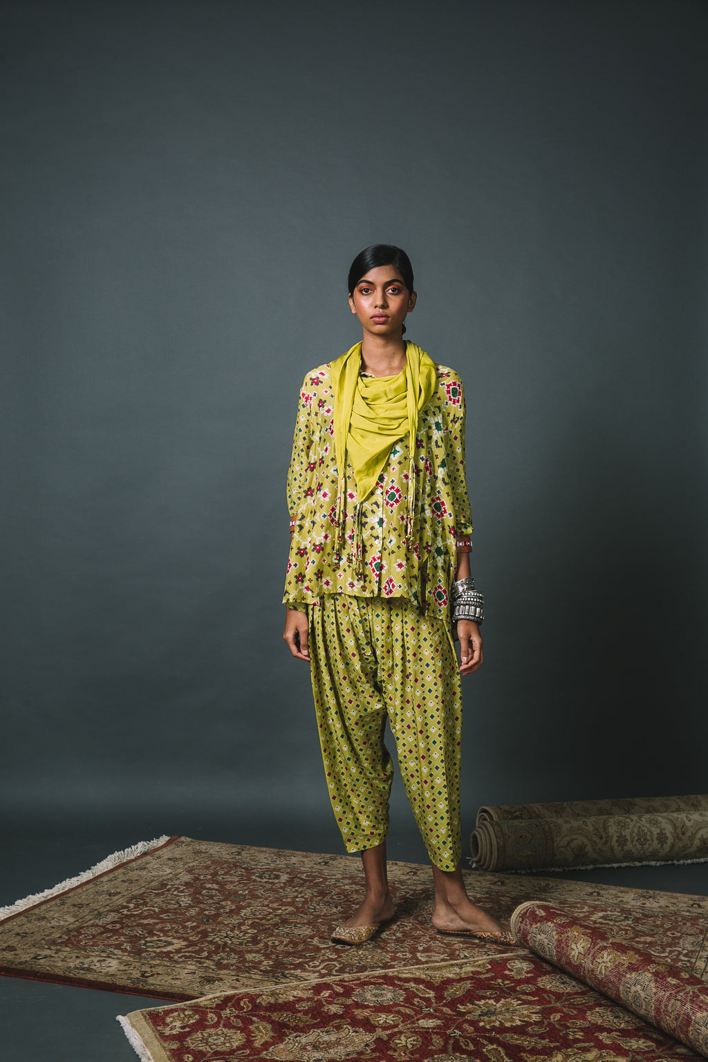 Green Patola Shirt + Cropped Salwar + Scarf