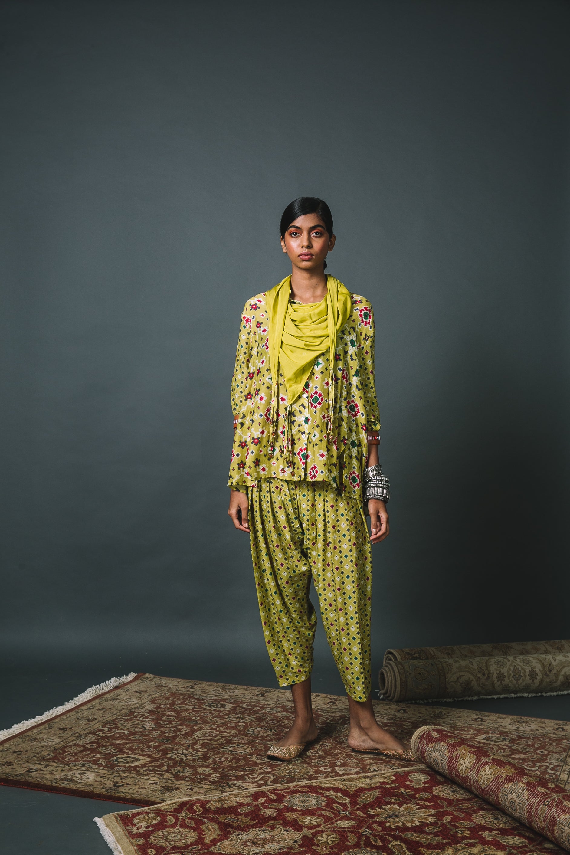 Green Patola Shirt + Cropped Salwar + Scarf