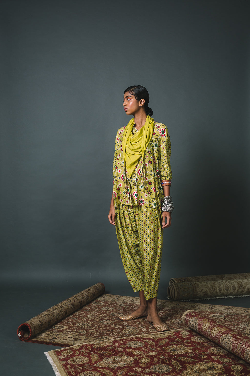 Green Patola Shirt + Cropped Salwar + Scarf
