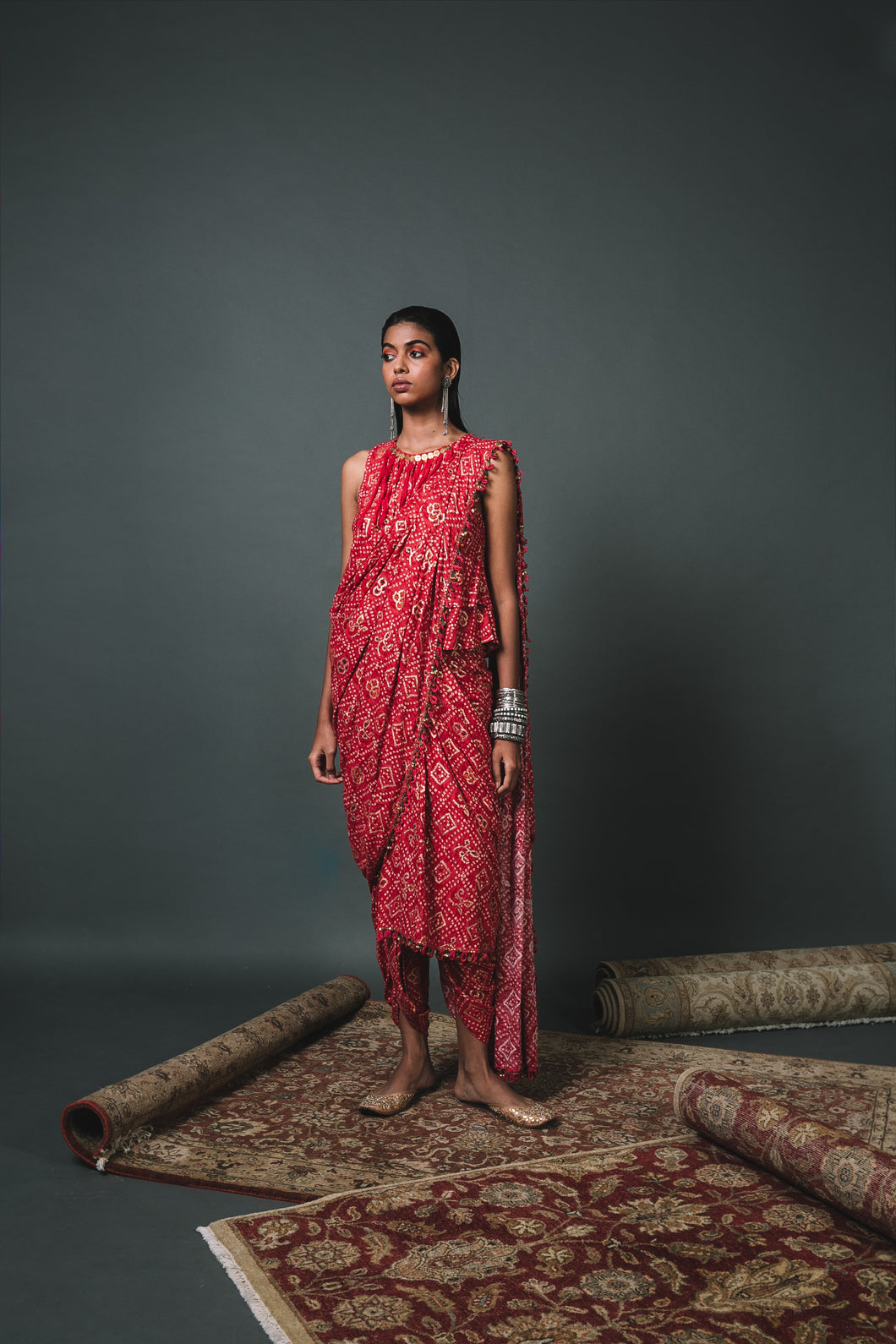 Red bandhani bias top + dhoti + Pre pleated dupatta