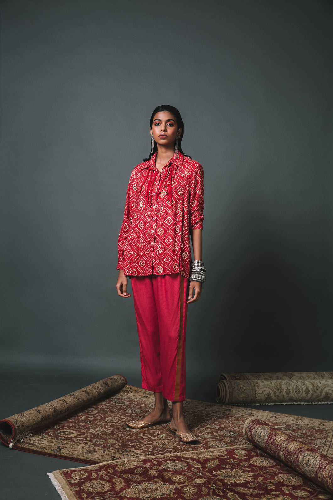 Red Bandhani Shirt + Solid pants