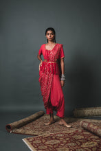 Load image into Gallery viewer, Red Solid blouse + Low crotch pants + Bandhani draped dupatta
