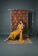 Load image into Gallery viewer, Mustard bias top + dhoti + Pre pleated dupatta

