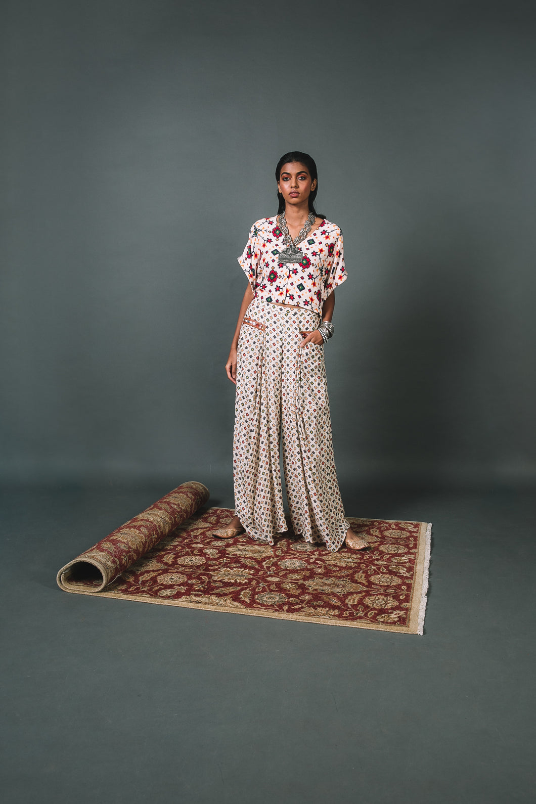 White Patola kaftan top + Draped pants