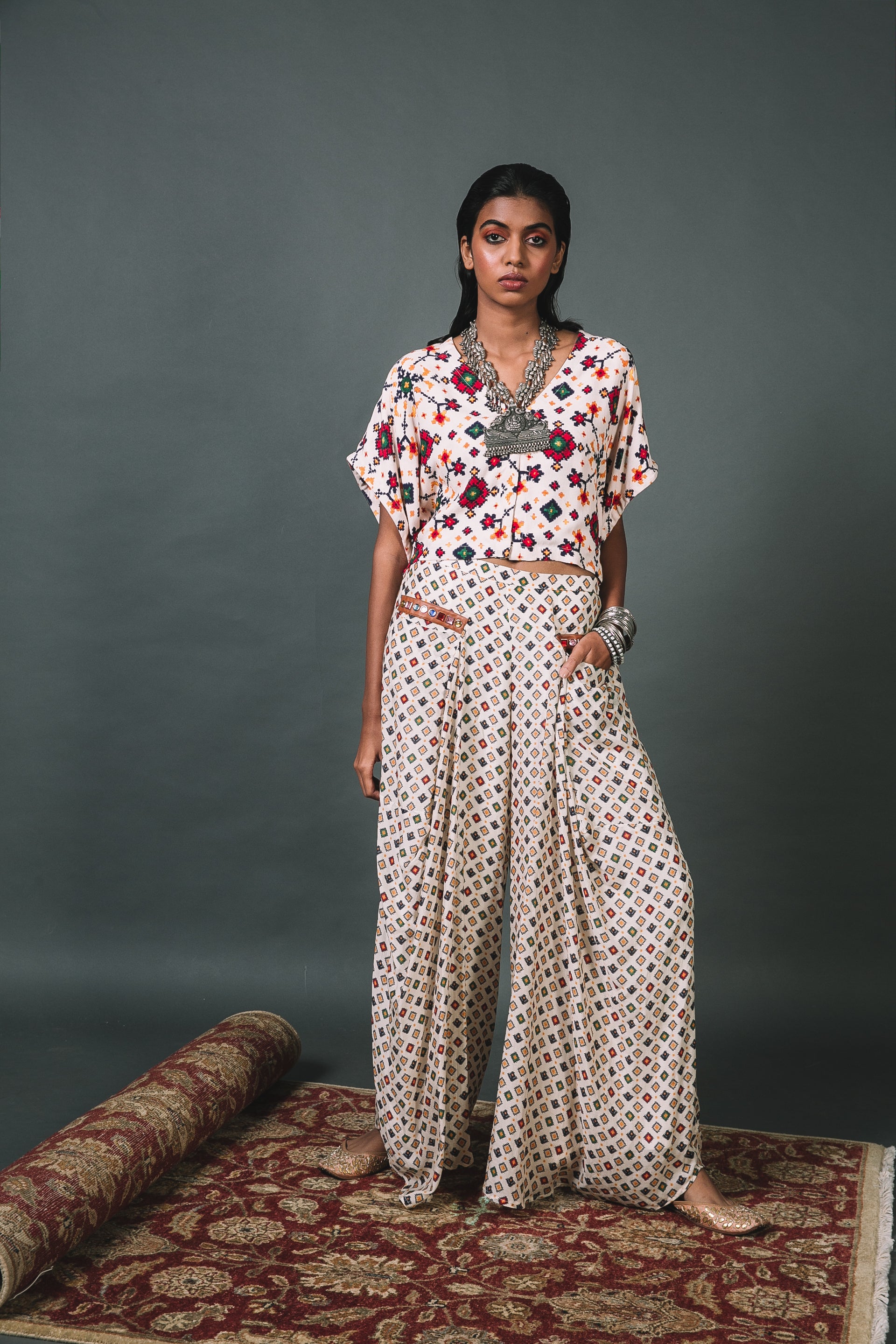 White Patola kaftan top + Draped pants