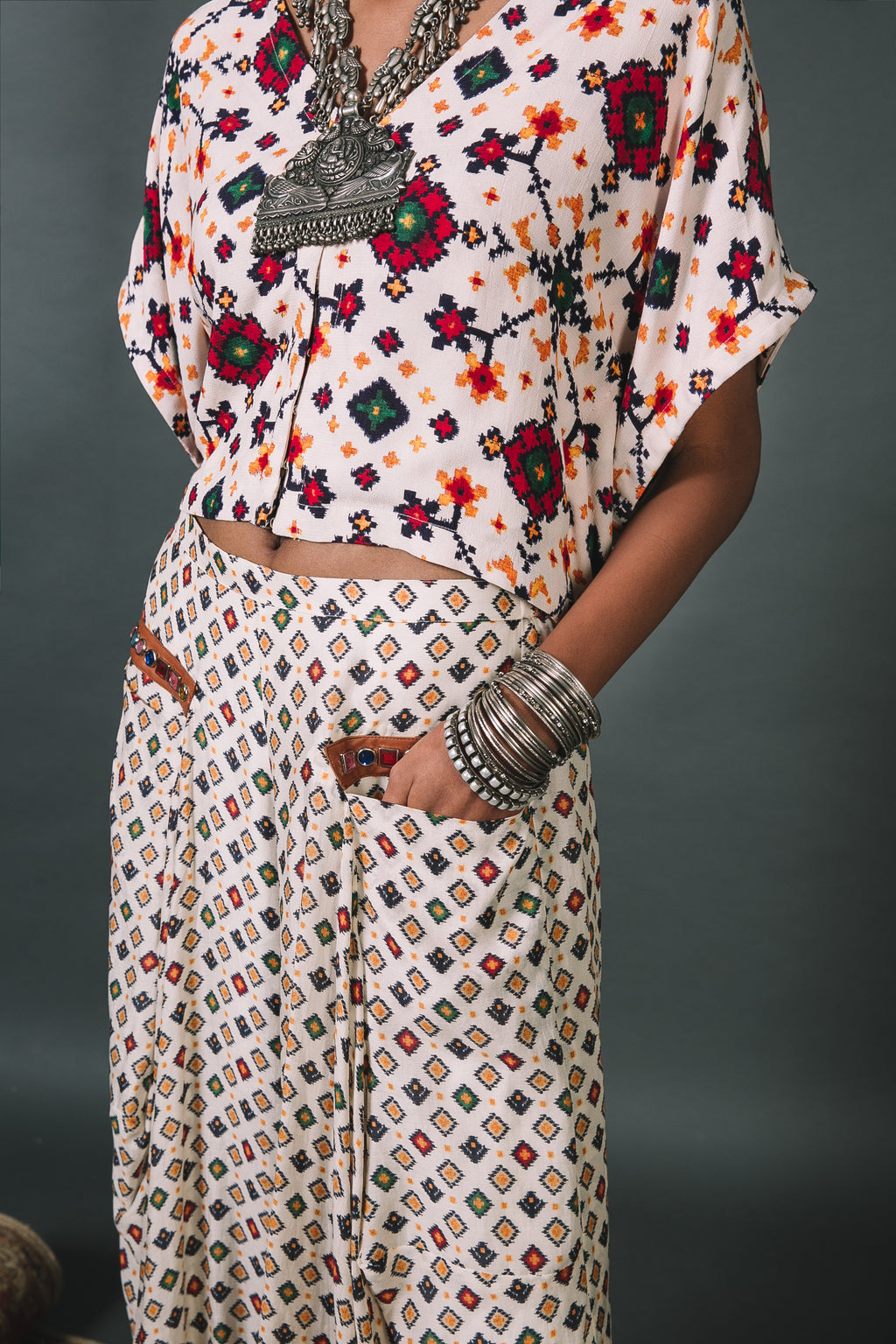 White Patola kaftan top + Draped pants