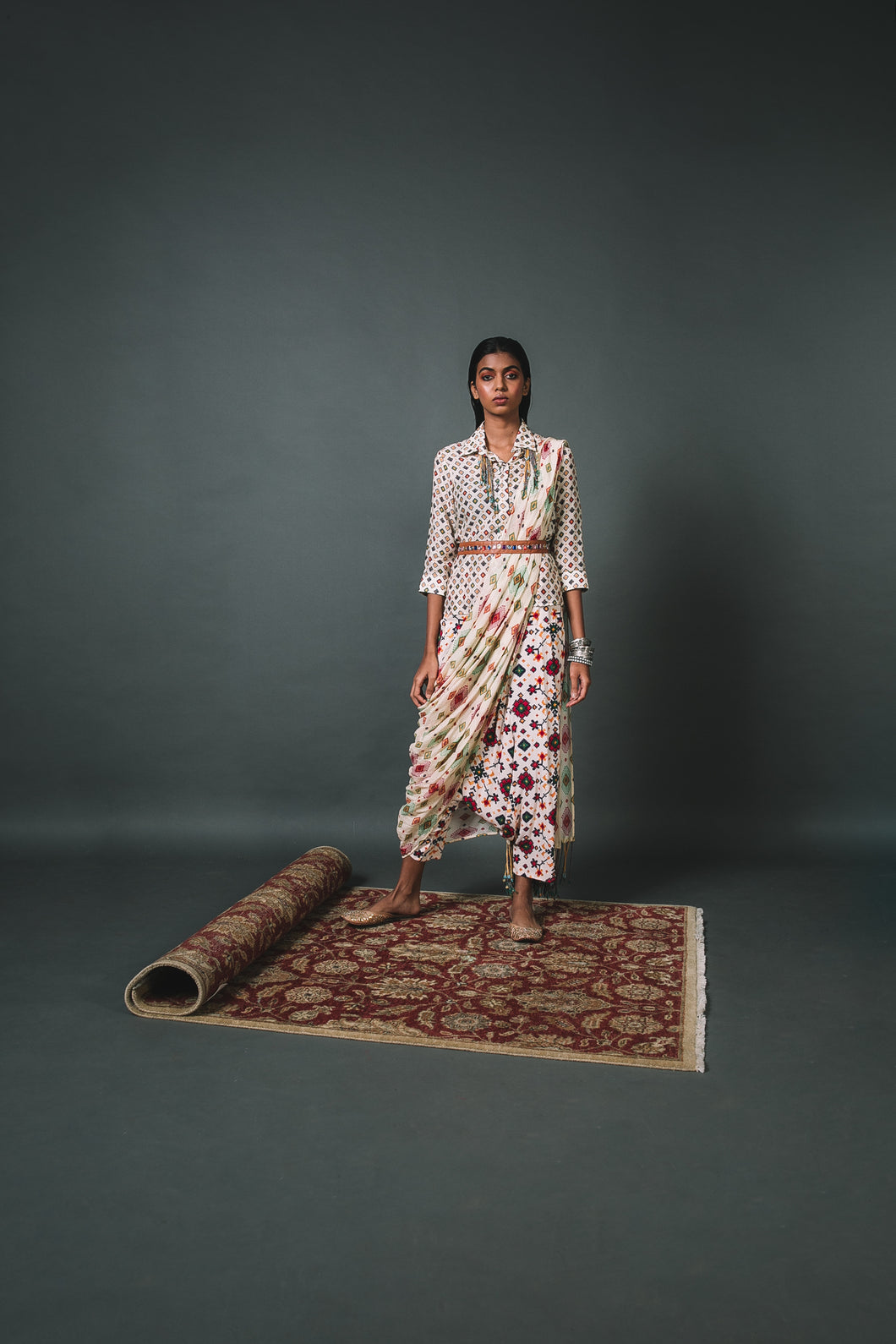 White Shirt + Low crotch pants+ Draped Dupatta