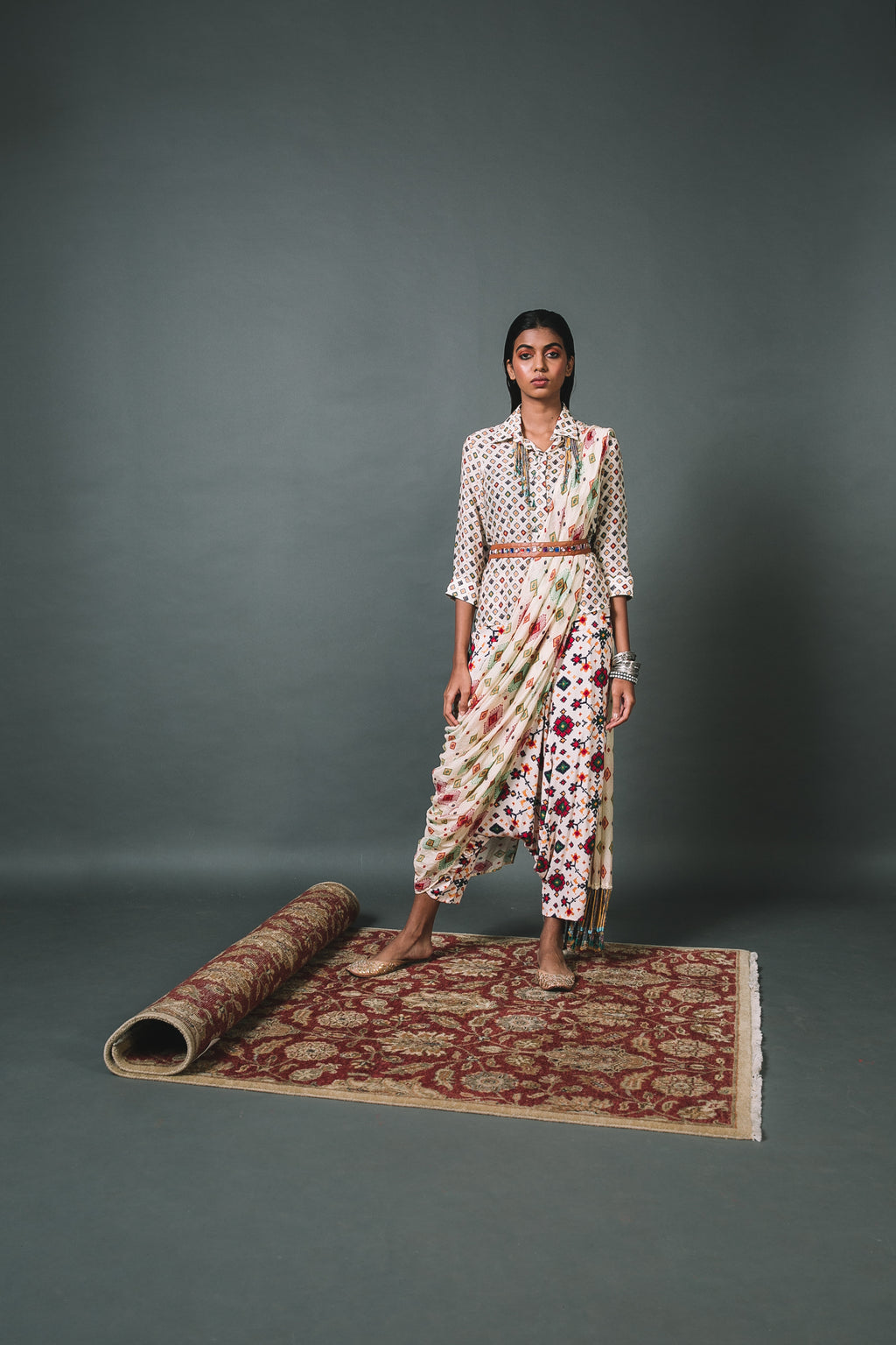 White Shirt + Low crotch pants+ Draped Dupatta