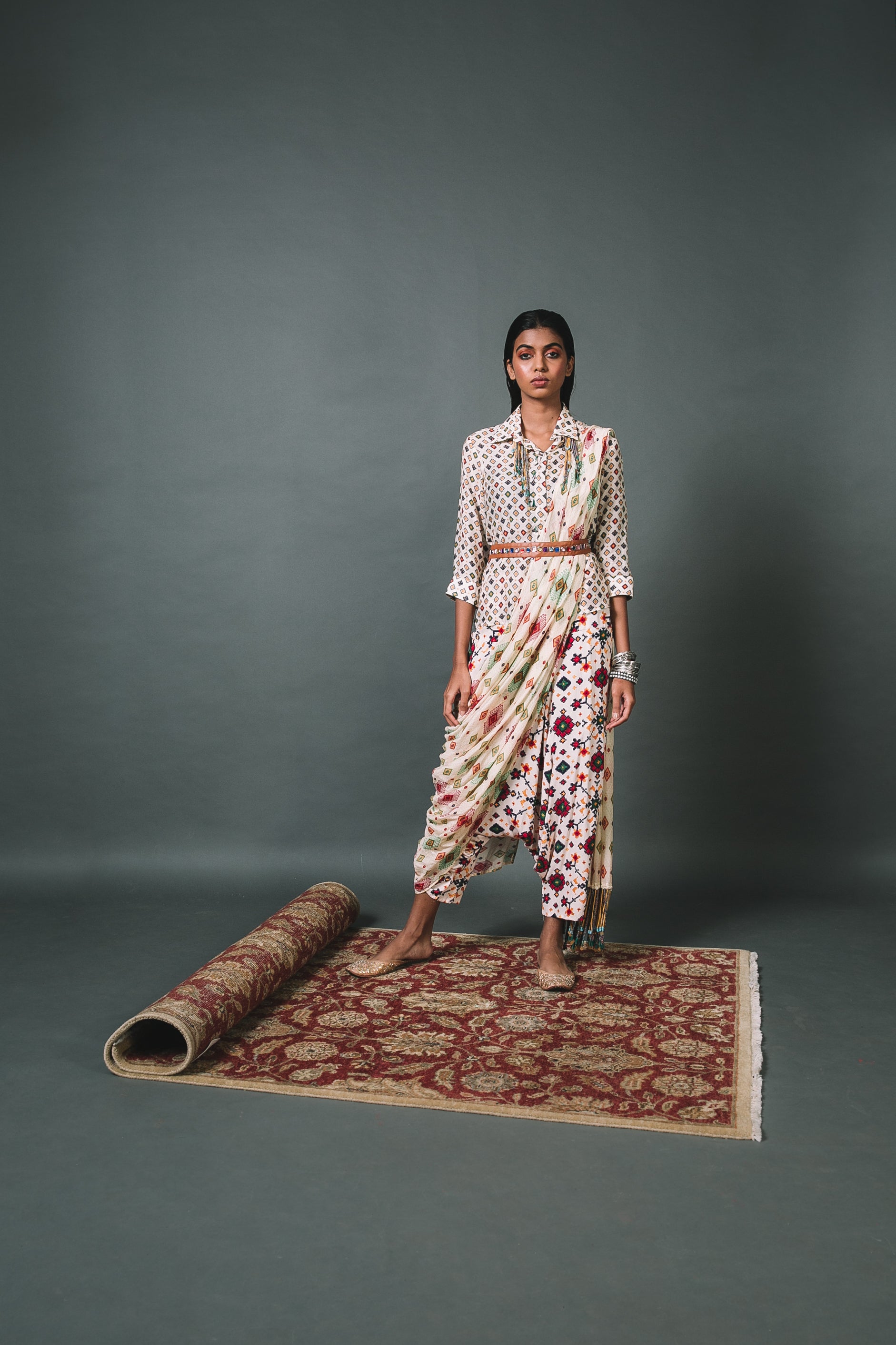 White Shirt + Low crotch pants+ Draped Dupatta
