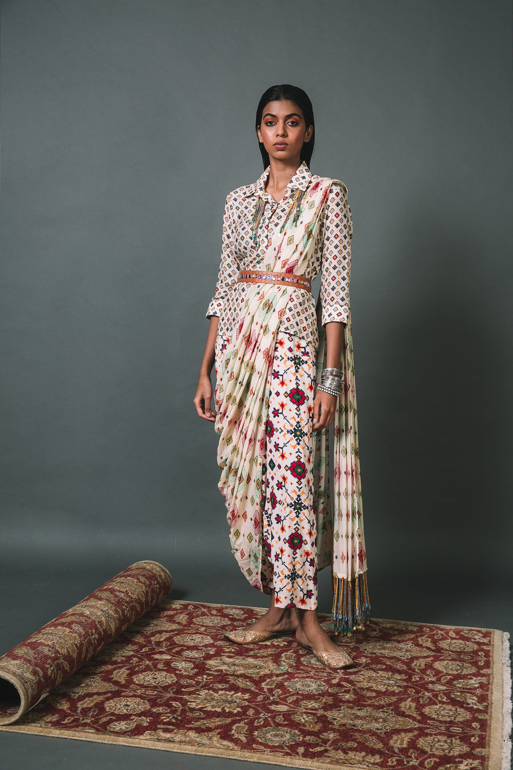 White Shirt + Low crotch pants+ Draped Dupatta