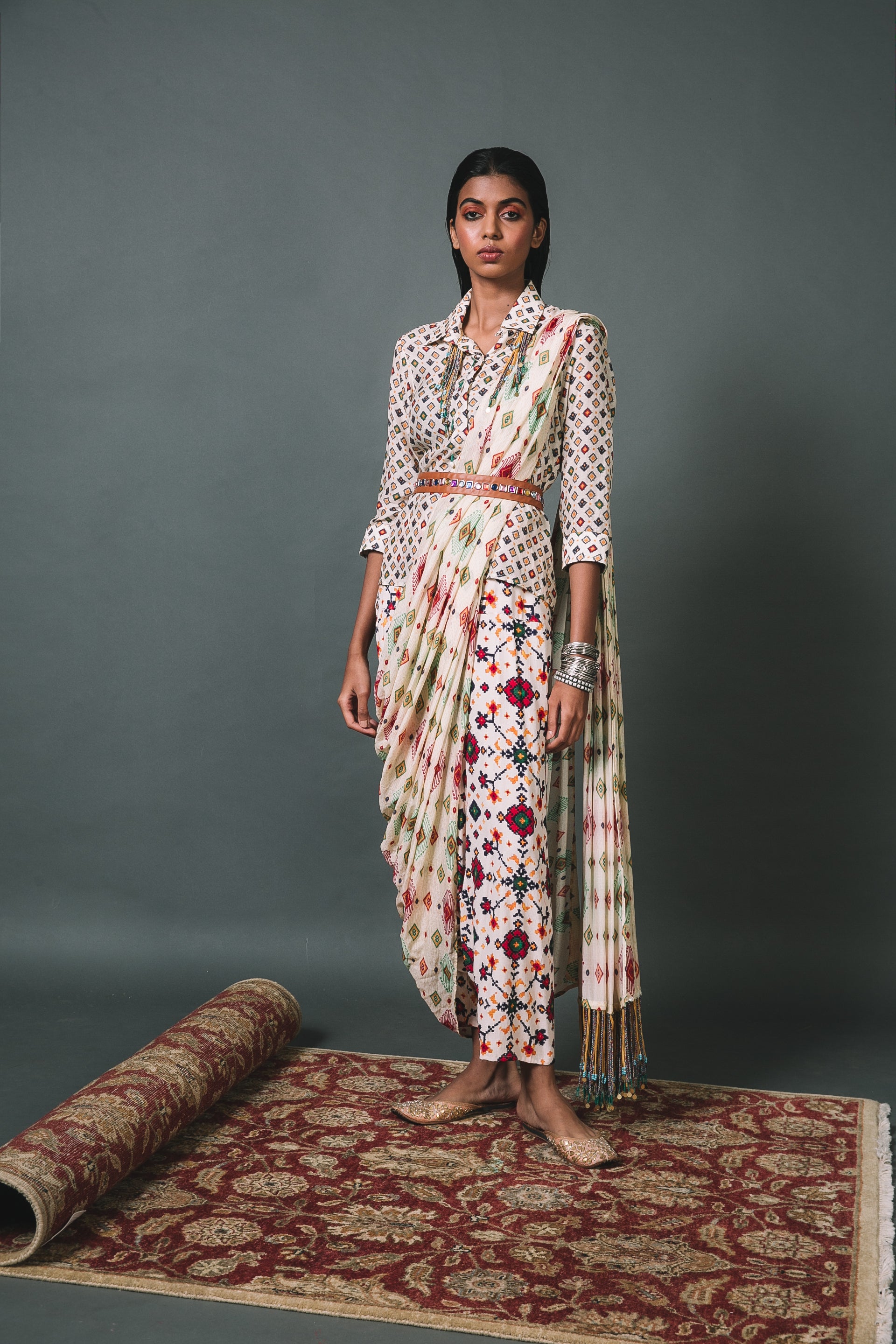 White Shirt + Low crotch pants+ Draped Dupatta
