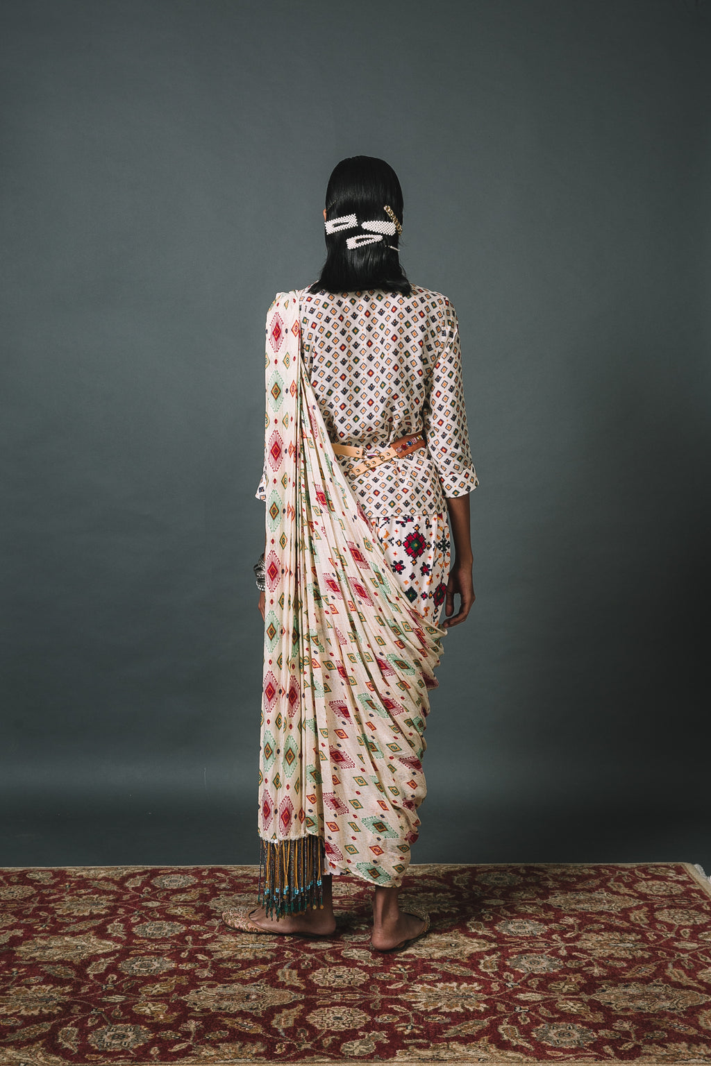 White Shirt + Low crotch pants+ Draped Dupatta