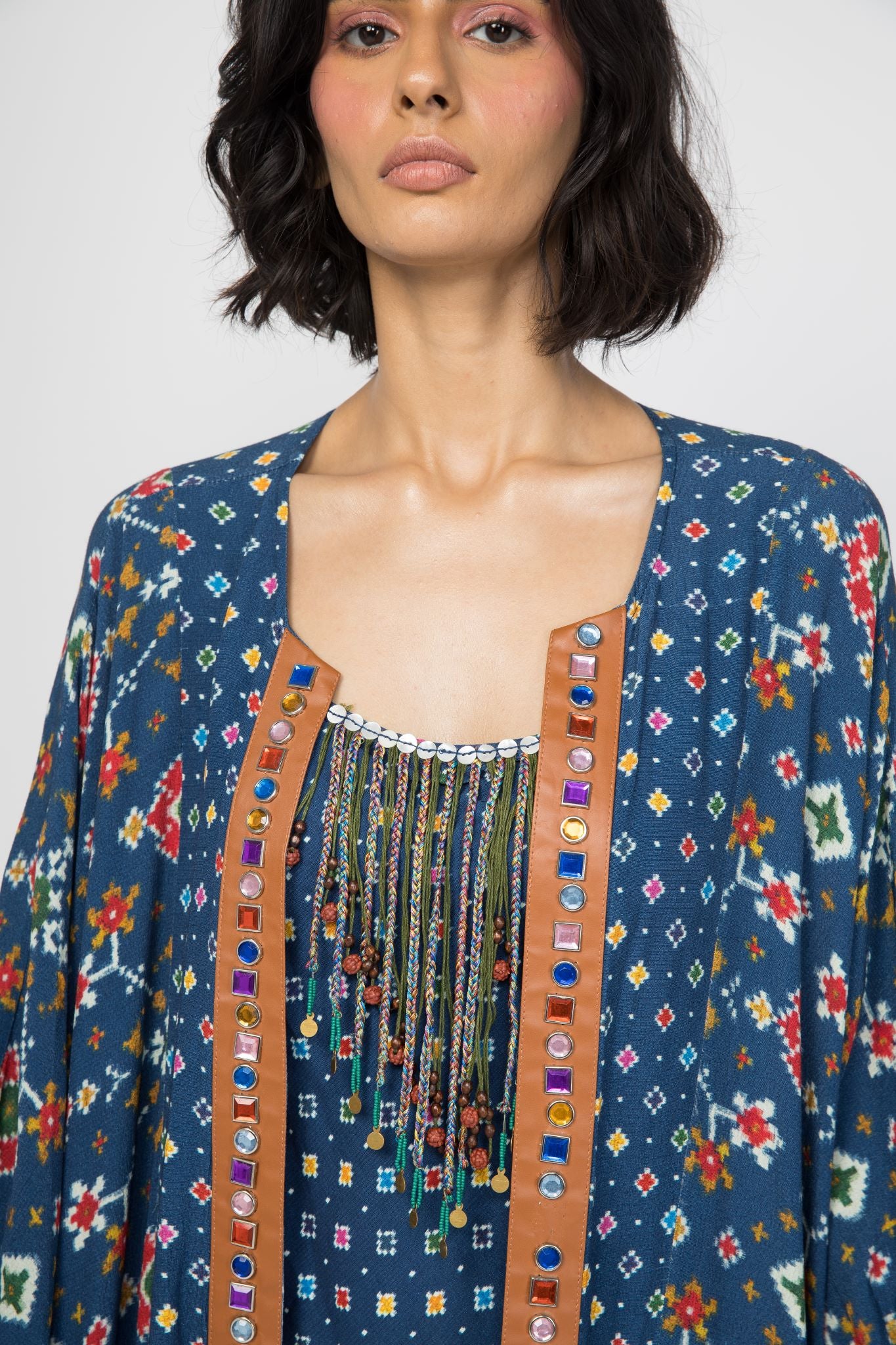 Blue Patola Open Kaftan Kurta Cape + Top + Pants