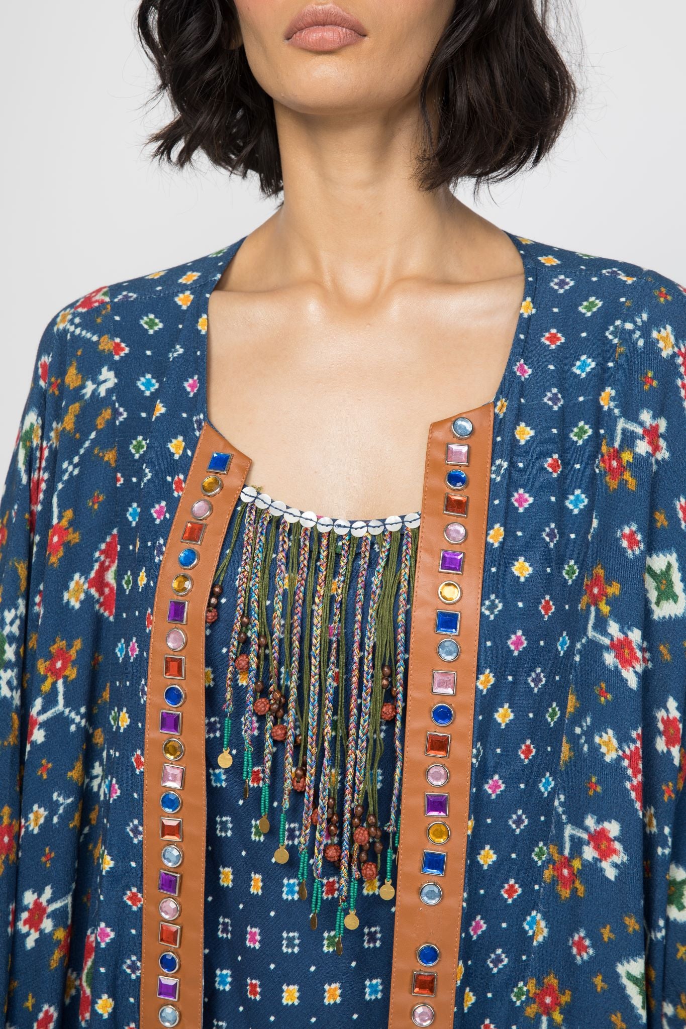 Blue Patola Open Kaftan Kurta Cape + Top + Pants