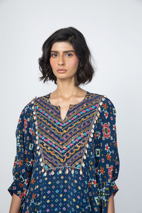 Blue Patola Kaftan Kurta & Pants