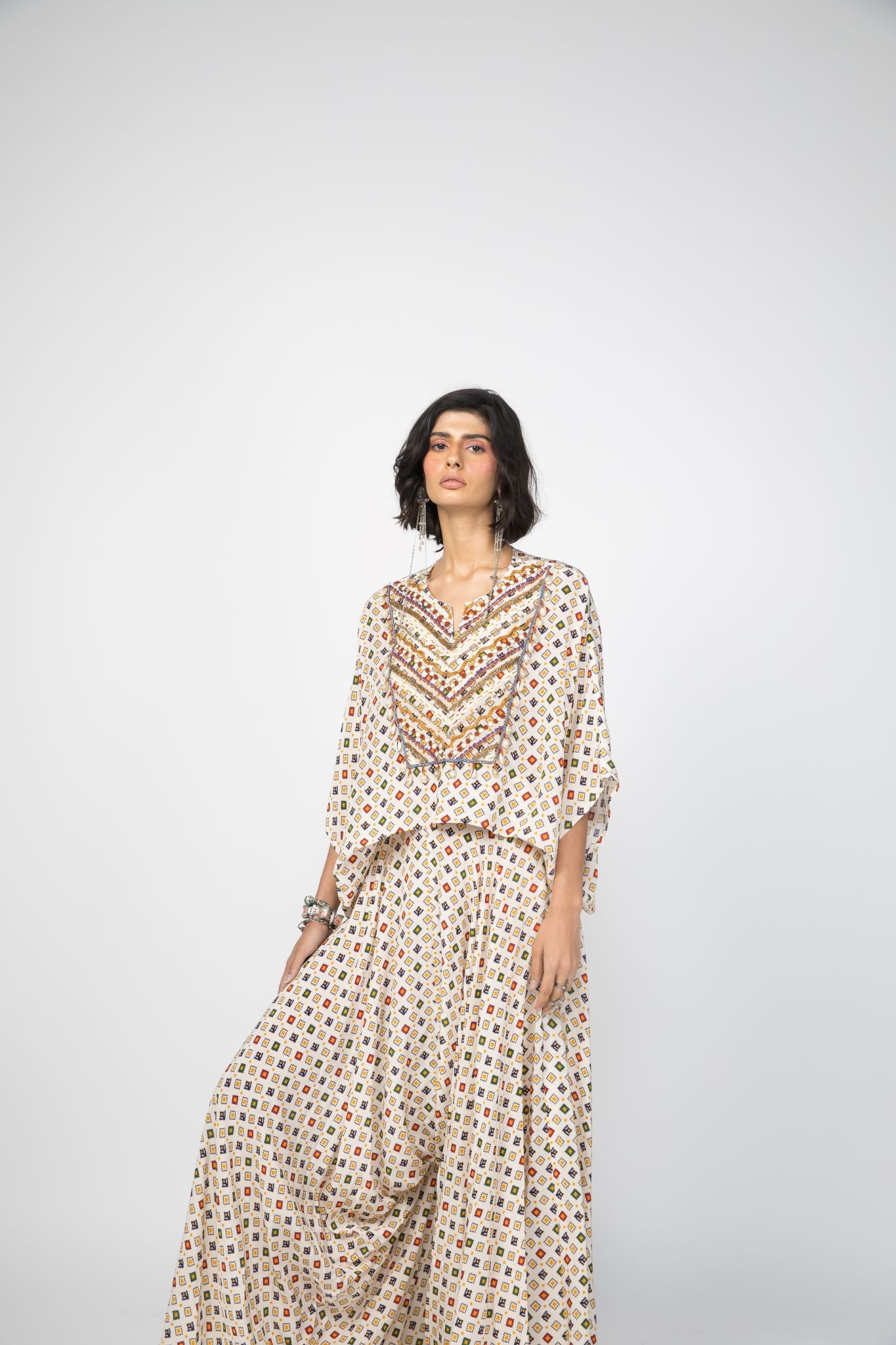 White Printed Kaftan Top & Low Crotch Pants