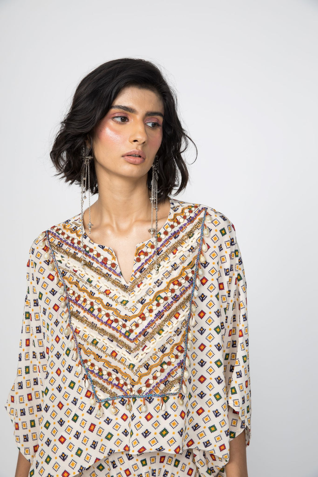White Printed Kaftan Top & Low Crotch Pants