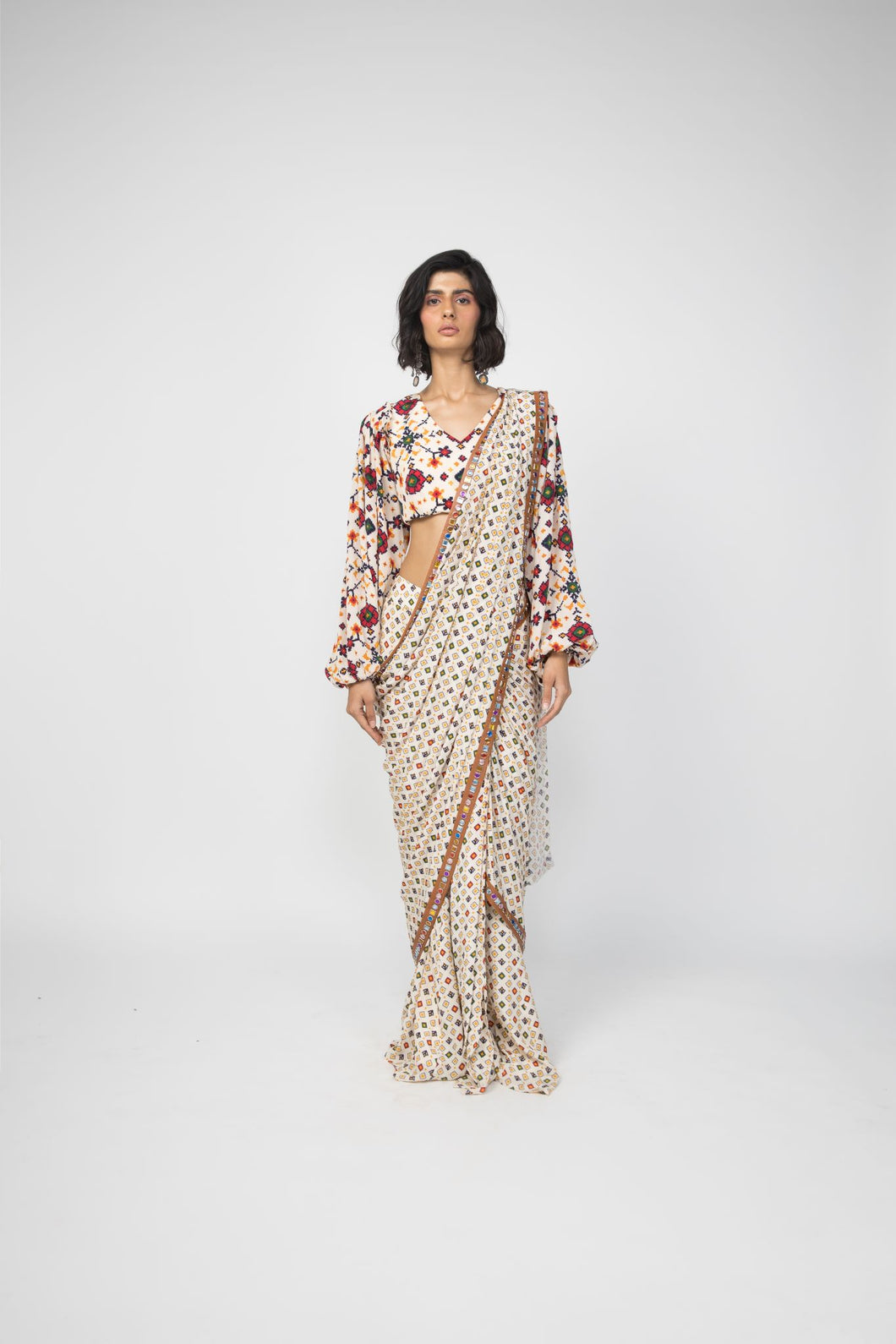 Ivory Stitched Sari & Blouse