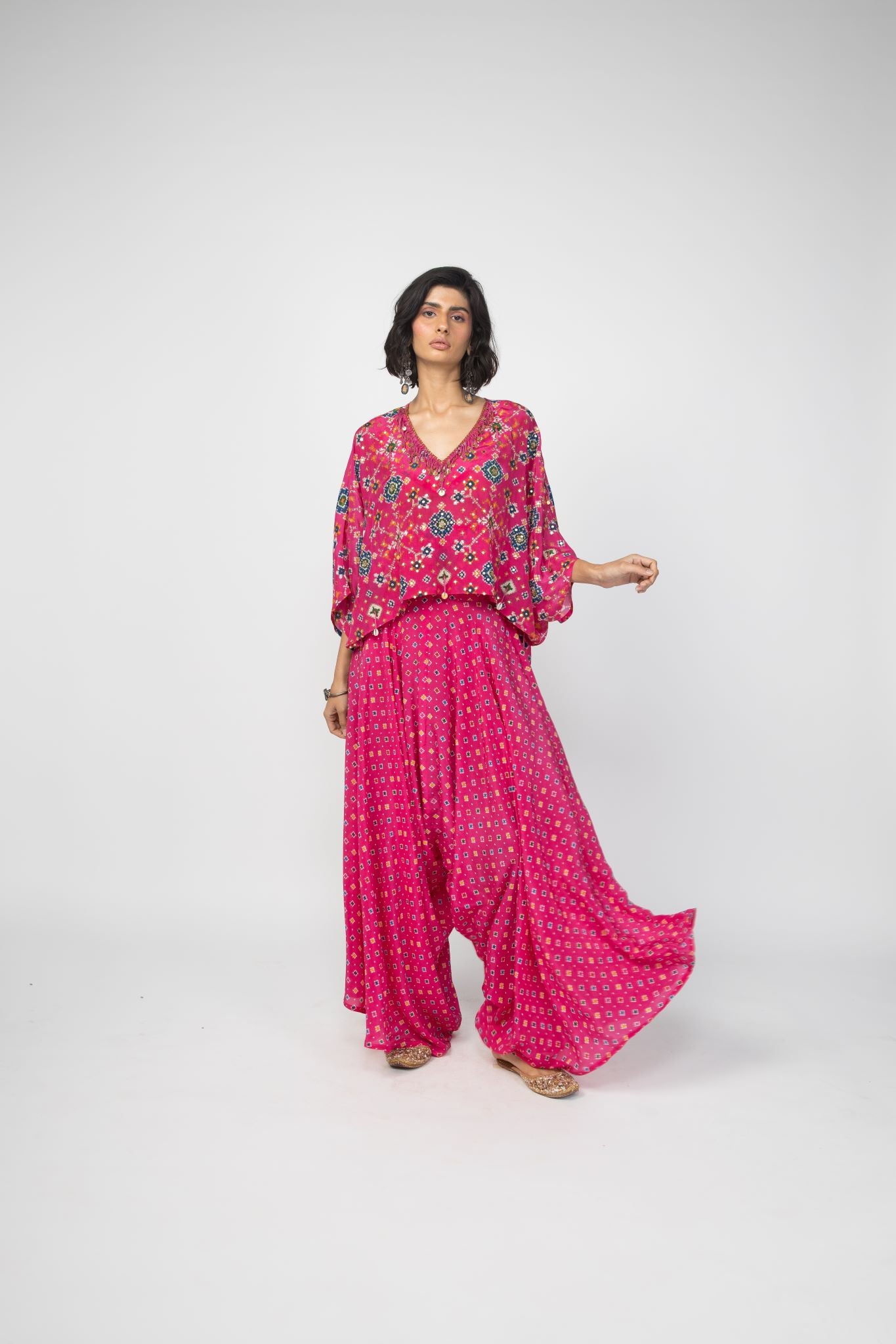 Pink Patola Kaftan Top & Low Crotch Pants