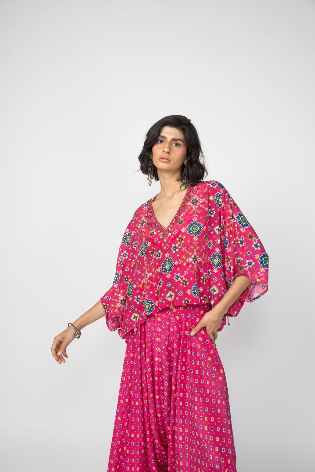 Pink Patola Kaftan Top & Low Crotch Pants