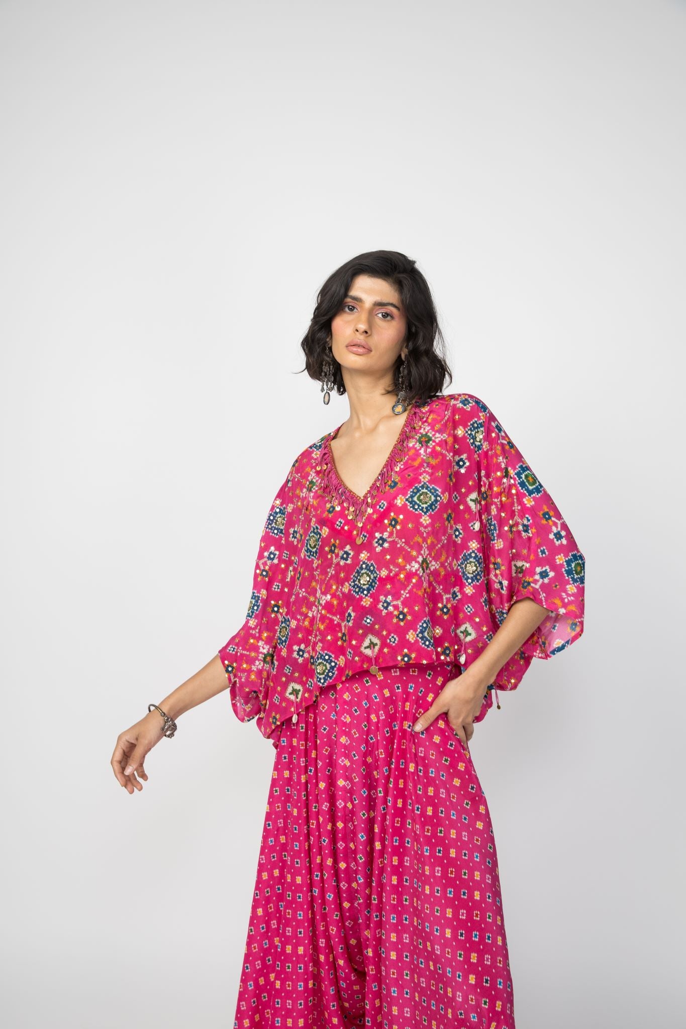 Pink Patola Kaftan Top & Low Crotch Pants