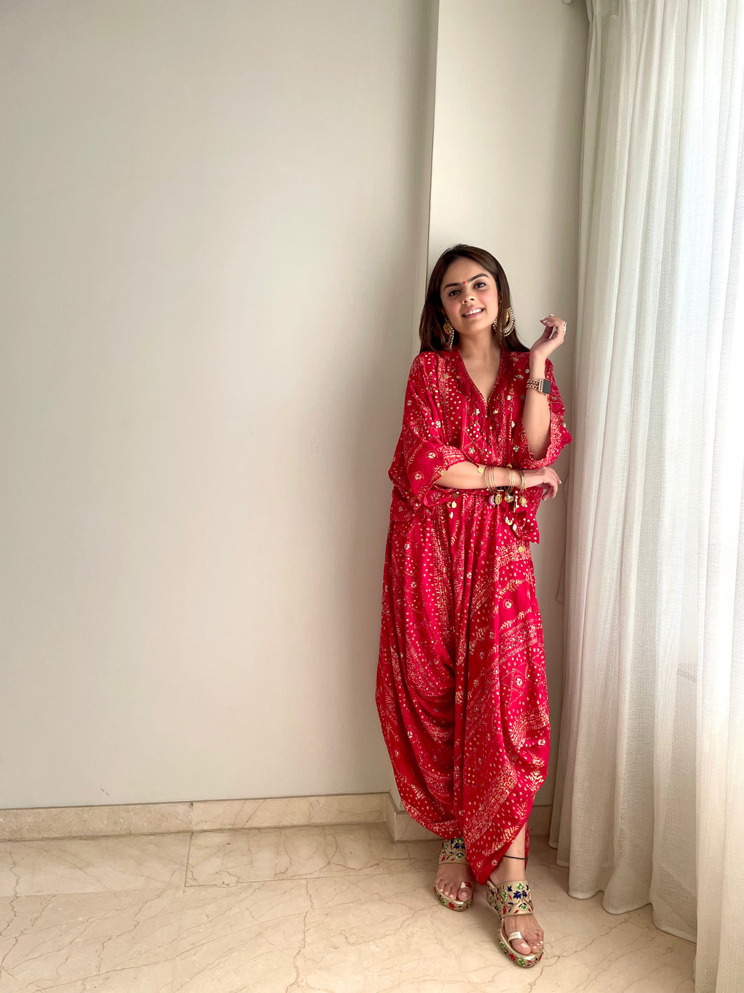 Red Kaftan top + Draped pants